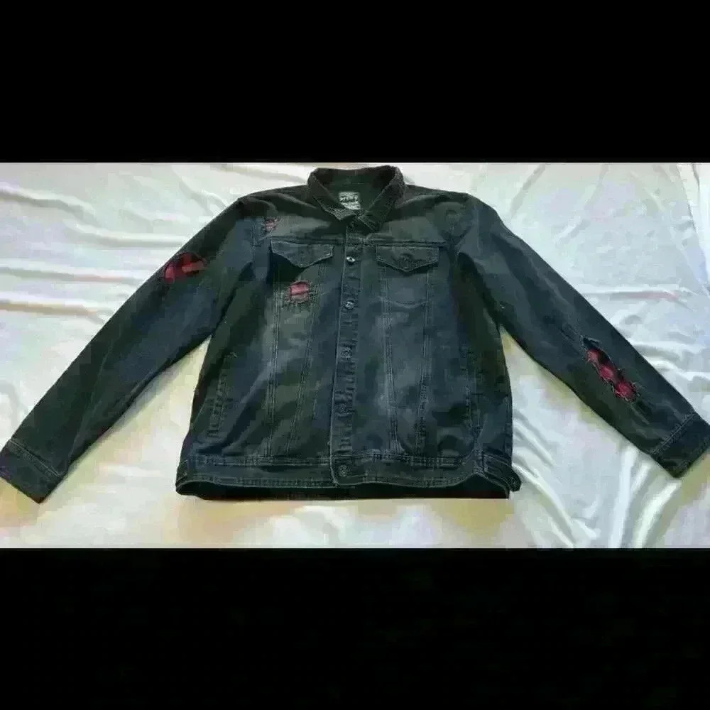 Trendy Krome designer Distressed Denim Jacket with Red Plaid Accents